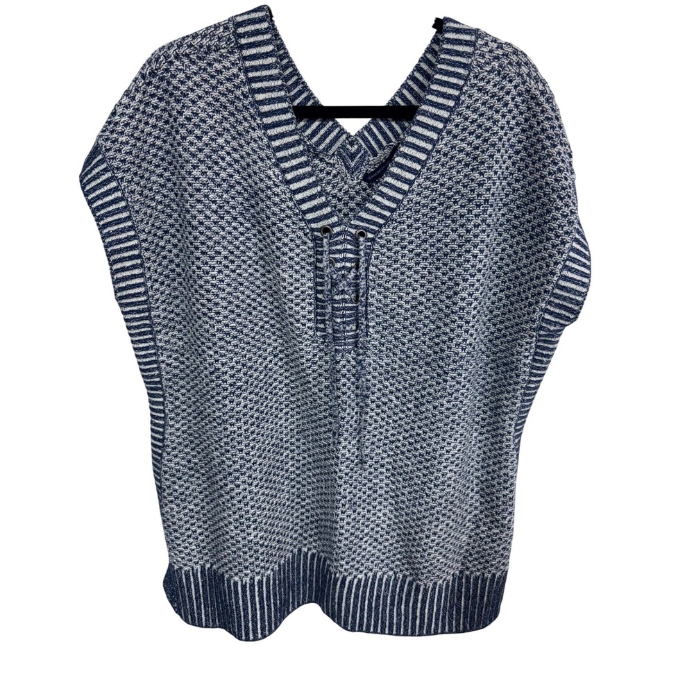 Isaac Mizrahi L Blue Knit Lace Up‎ Poncho Sweater Women's Boho Layering
